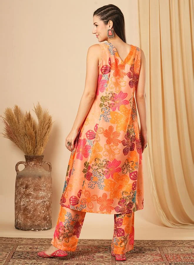 جلو باص طقم كورتا بطبعة أزهار مع بنطال مستقيم للنساء